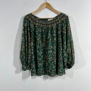 Max Studio Renfair Boho Peasant Green Floral Retro Balloon Sleeve Top Large Chic
